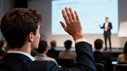 Young man in a business suit raising hand to ask a question during a professional conference or seminar with a blurred speaker and presentation screen in the background.