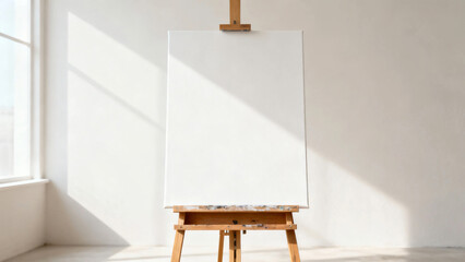 Blank white canvas on wooden easel in a sunlit minimalist artist's studio, casting window shadows on the wall, symbolizing creative potential.