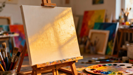 Sunlit blank white canvas on a wooden easel with colorful paintbrushes and a palette in a warm art studio, ready for creative inspiration.