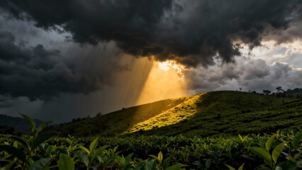 Dramatic golden sunbeam piercing through dark stormy clouds, illuminating lush green tea plantations on rolling hills, showcasing nature's powerful contrast and hope after rain.