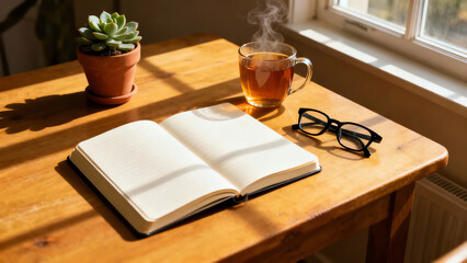 Steaming cup of tea, open lined journal, potted succulent, and reading glasses on a sunlit wooden table by a window, perfect for quiet reflection.