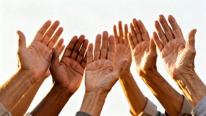 Diverse human hands raised with palms open towards a bright sunlit sky, symbolizing unity, hope, and community in a powerful backlit shot.