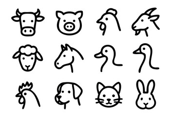 Obraz premium Set of farm animal icons in bold-line style: cow, pig, chicken, goat, sheep, horse, duck, goose, rooster, dog, cat, rabbit.