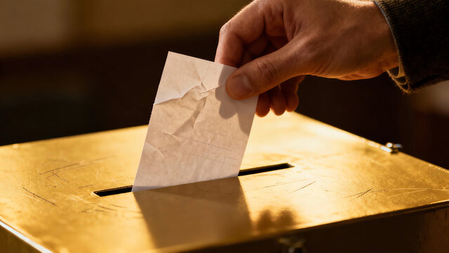 Close-up of a human hand placing a crumpled white paper ballot into a golden election ballot box, signifying civic duty, participation, and democratic process on election day.