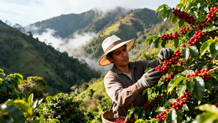 Dedicated coffee farmer in a straw hat and gloves carefully hand-picking ripe red coffee cherries from a vibrant plant on a lush mountain plantation.