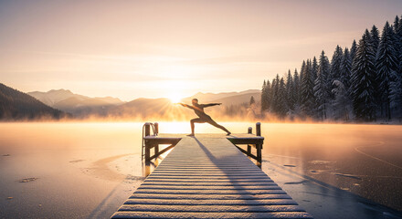 Silhouette of person practicing yoga warrior pose on a snowy wooden dock over a frozen lake during a golden winter sunrise, surrounded by misty mountains and pine forest