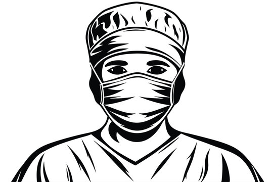 A masked surgeon with a cap wears medical scrubs in black and white