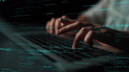 Close-up of hands typing on a keyboard with an overlay of digital code, illustrating the concepts of programming and technology in a modern workspace environment. Xenic - Powered by Adobe