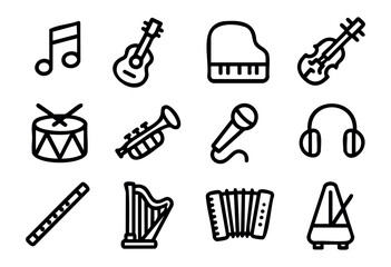 Music Class line icons — various musical instruments and symbols for lessons and orchestra — stock vector.