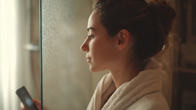 Young woman standing in front of a window, looking out the window with a serious expression on her face. she is wearing a white robe and her hair is tied up in a messy bun.