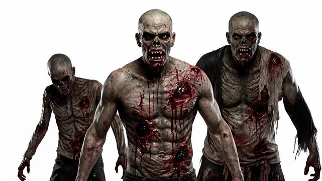 Three blood soaked male zombies stagger toward the viewer on a clean white background, menacing undead characters ideal for horror, apocalypse or Halloween composites and edits