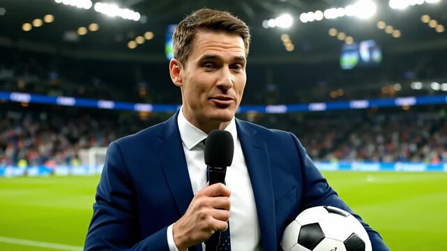 Attractive sports reporter confidently holds a microphone and a soccer ball, delivering updates from a packed stadium in anticipation of a major championship match