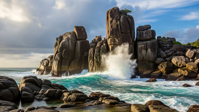 The huge boulders of Tanjung Bloam with water crashing against the cliff side