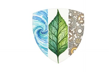 Artistic shield design featuring water, leaf, and geometric patterns environmental ESG factor
