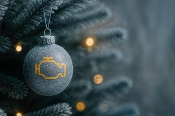 Christmas Ball with Check Engine Light Symbol on Frosted Tree