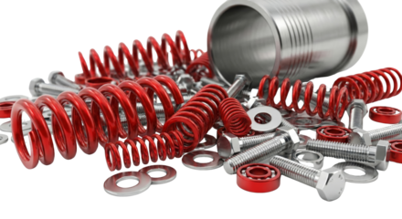 Assortment of Red Springs, Metal Bolts, Washers, and Bearings on a Transparent Field