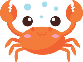 Cute happy orange crab cartoon character with blue bubbles vector illustration for marine life education and summer beach design.