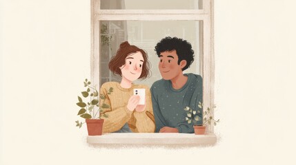 Illustration of a young couple sitting on a window sill. the woman is holding a phone in her hand and taking a selfie with it. she is wearing a yellow sweater and has shoulder-length brown hair.