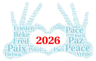 Peace 2026 word cloud in different languages	