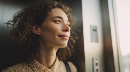 Close-up portrait of a young woman with curly hair. she is looking up towards the sky with a peaceful expression on her face.