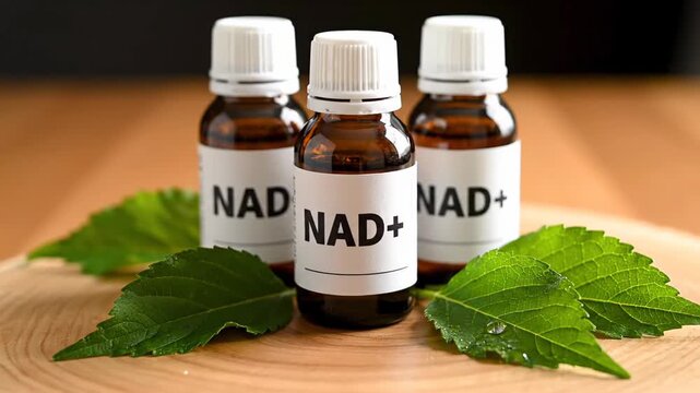 Amber glass dropper bottles of NAD plus supplement placed on a wooden table beside fresh green leaves. Representing the idea of anti aging treatment and promoting longevity