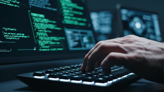 Close up shot captures a coder's hands as they swiftly type on an illuminated keyboard. The computer screens in the dimly lit room exhibit lines of code related to cybersecurity