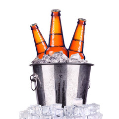 Beer Bottles in Ice Bucket PNG &ndash; Cold Beverage Bottles Isolated on Transparent Background