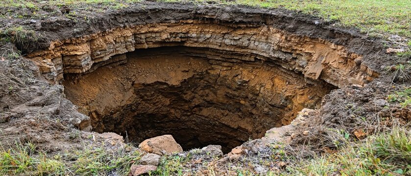 Large natural sinkhole with exposed soil layers and rocky terrain
