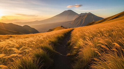 Rinjani hiking trail from Sembalun with golden grass blowing in the wind