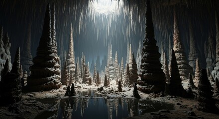Mysterious Underground Cave with Towering Stalagmites and Reflective Water Pool.