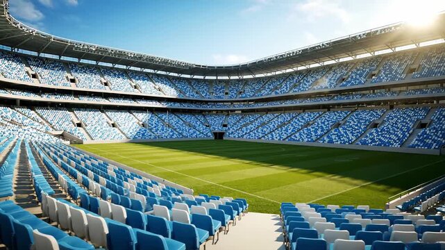 Unoccupied modern soccer stadium at kick off, sunlight illuminating rows of blue and white seats and the pristine green pitch ready for match action and spectators