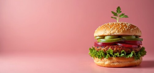 Isolated vegan burger made with plant based alt protein. Fresh lettuce tomato onion cucumber and parsley sprout. Healthy sustainable food choice with copy space.