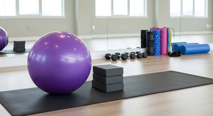 Exercise equipment arranged in a bright studio with a yoga mat and fitness ball in foreground ai generated
