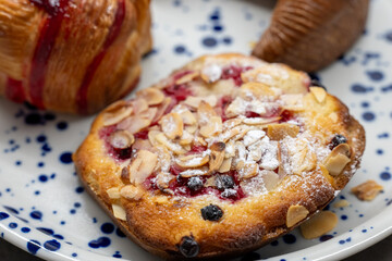 Close-up of a fruit and almond pastry topped with sliced almonds and powdered sugar, placed on a ceramic plate.