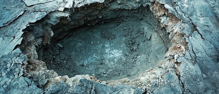 Large natural sinkhole with exposed soil layers and rocky terrain