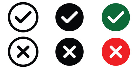Green Check Mark & Red Cross Icon Set – Approval, Rejection, Tick and X Symbols in Modern Flat 
Vector Design