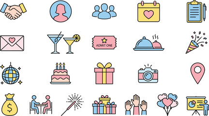 Celebration, Connection, Event Planning, Icon Set, Flat Design, Vector Illustration, Party, Communication, Gift, Food, Calendar, Social, Fun
