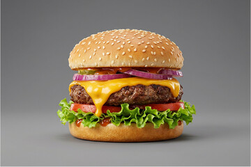 Classic Cheeseburger with Fresh Ingredients on a Grey Background
