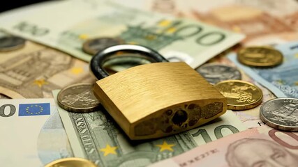 Golden lock rests atop a mix of banknotes and coins, symbolizing the idea of safeguarding savings, ensuring financial security, and promoting economic stability