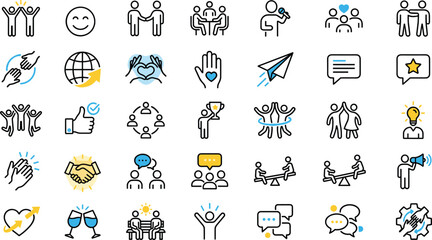 Communication, Teamwork, Emotion, Icon Set, Flat Design, Vector Illustration, Collaboration, Positivity, Social Interaction, Celebration, Connection, Support, Idea