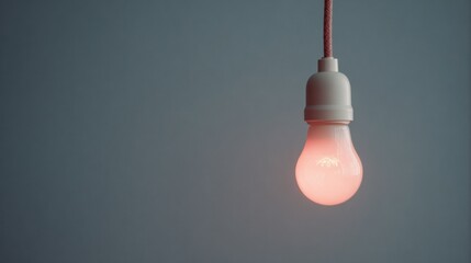 Light bulb hanging from a red cord. the light bulb is turned on and emits a warm pink glow. the background is a solid grey color. the cord is thin and extends from the top of the bulb to the bottom.