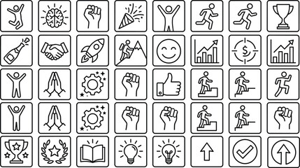 Motivation, Achievement, Success, Growth, Icon Set, Flat Design, Vector Illustration, Personal Development, Celebration, Progress, Mindset, Empowerment