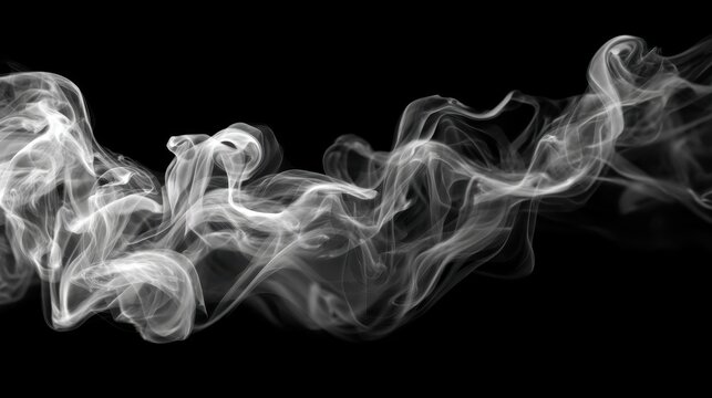 A captivating display of wispy white smoke gracefully swirling on a dark background, creating an abstract and creative visual.