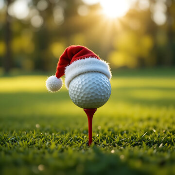 Golf ball wearing a santa hat on a tee on a sunny golf course