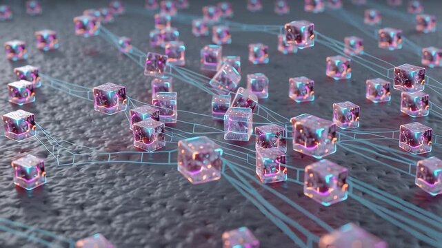 Colorful Glowing Ice Cubes Melting on Wet Surface in Closeup with Vibrant Light Effects