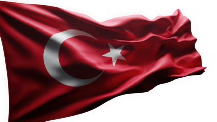 Waving turkish flag with crescent and star isolated on transparent background