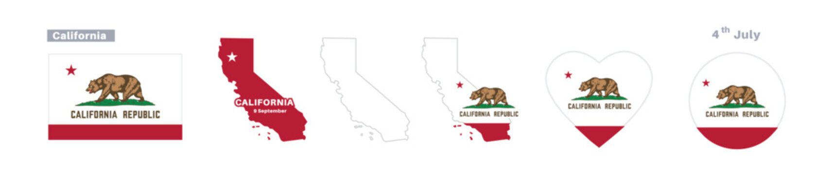 California flag and map set. American state flags in official colors and proportions. September 9th celebrations, maps, circles, and hearts of California.
