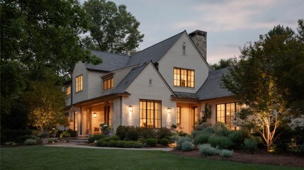 The image is of a beautiful two-story house with a large front yard. the house has a sloping roof with a chimney on the right side and a large window on the left side.