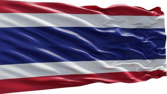 Waving flag of thailand with red, white, and blue stripes isolated on transparent background