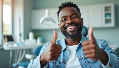 Happy african man sits in dental chair showing perfect smile. Cheerful black patient gives thumbs up after successful treatment in modern clinic. Satisfied male client recommends pro oral care,